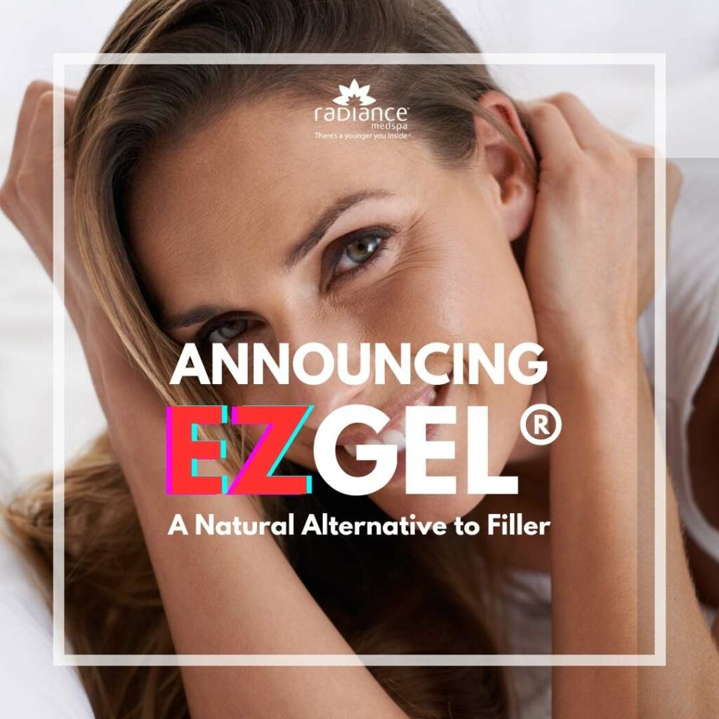 Woman face smiling and announcing EzGel filler